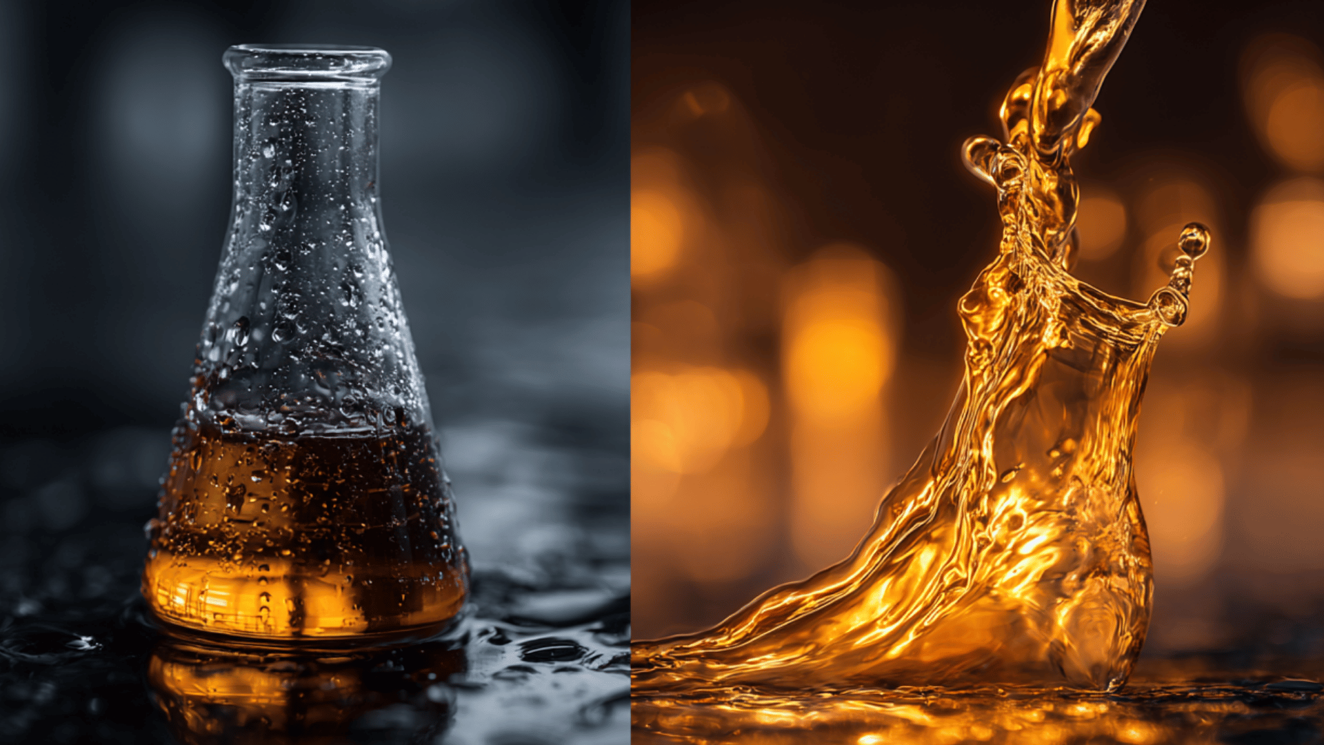 Amber liquid in laboratory flask with splash