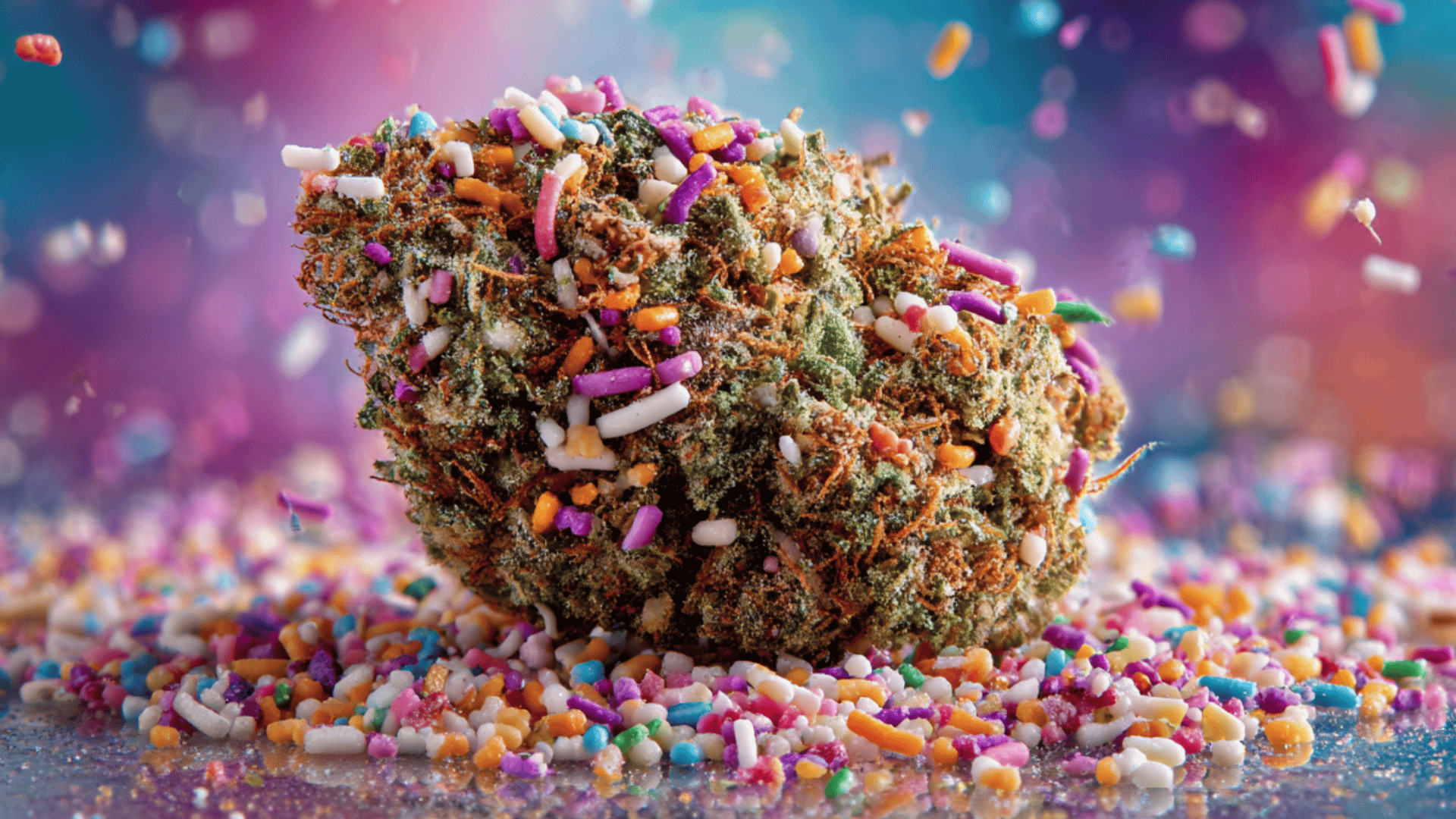 Cannabis bud covered in colorful candy sprinkles