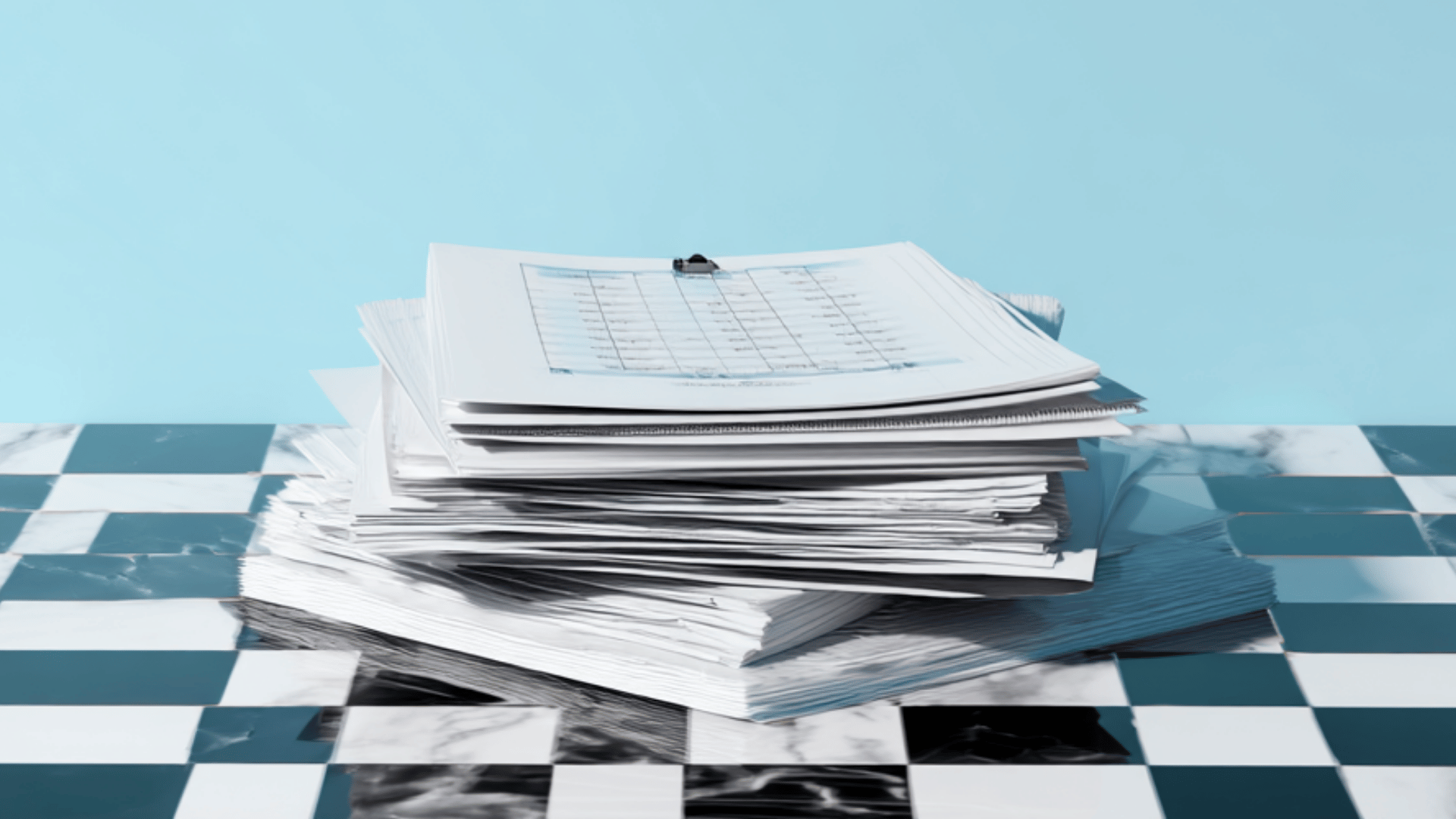 Stack of paperwork on checkered table