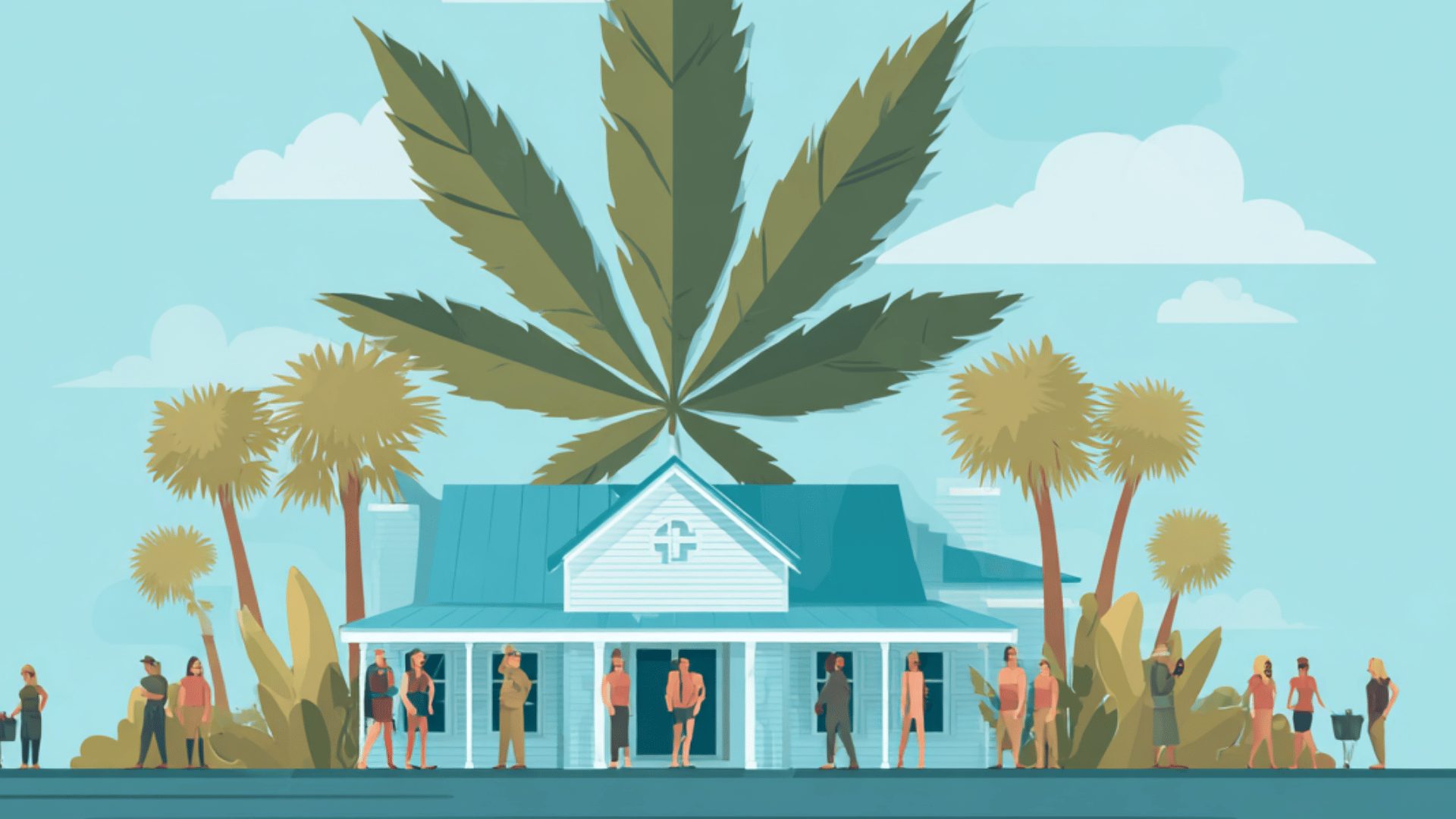 Medical marijuana dispensary with people waiting outside