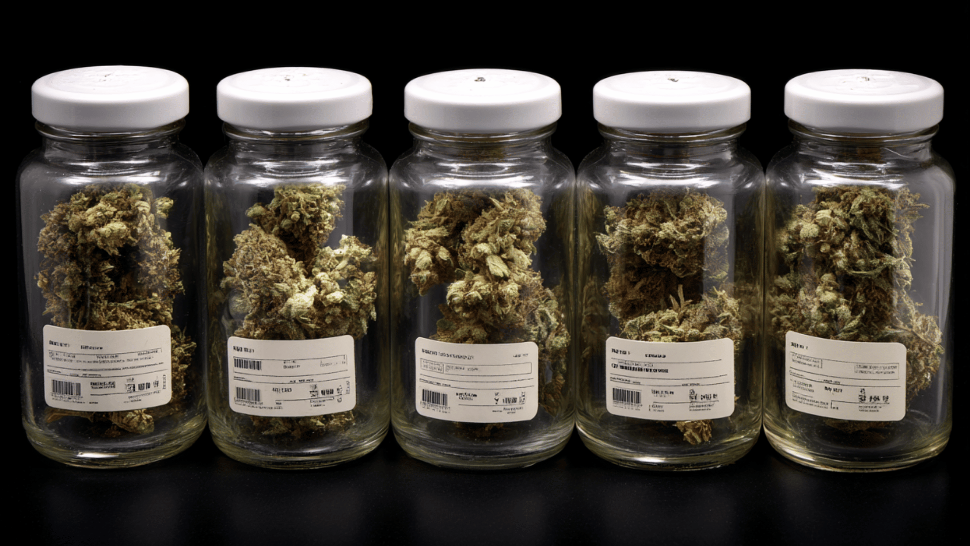 Medical cannabis buds in labeled glass jars