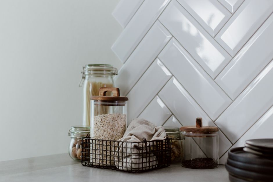 Modern kitchen counter with glass storage jars